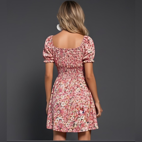 Floral Print Shirred  Puff Sleeve Dress - Picture 4 of 6
